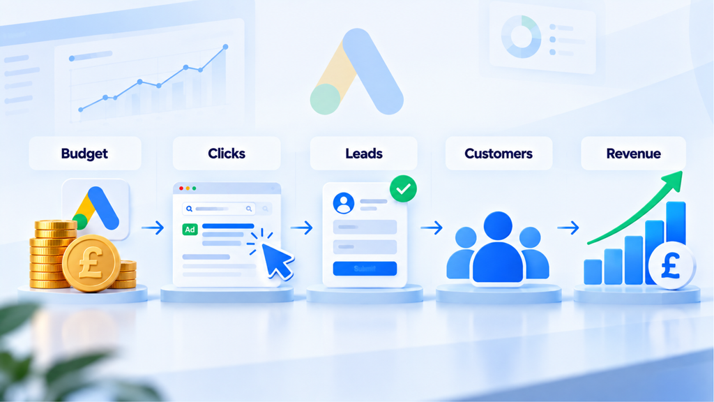 Google Ads budget clicks leads customers and revenue funnel