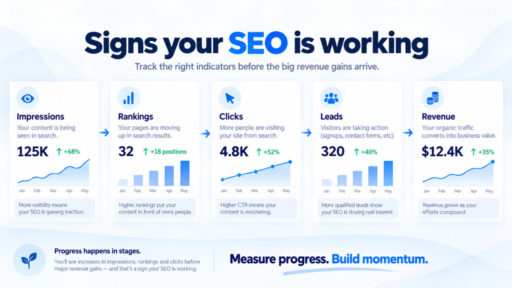 SEO performance indicators including impressions rankings traffic leads and revenue
