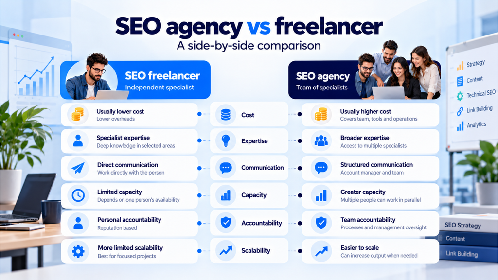 SEO agency vs freelancer cost expertise communication and scalability comparison