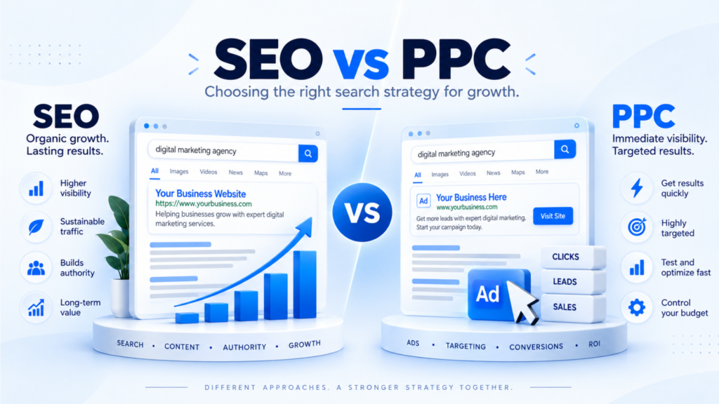 SEO vs PPC comparison showing organic search and paid search
