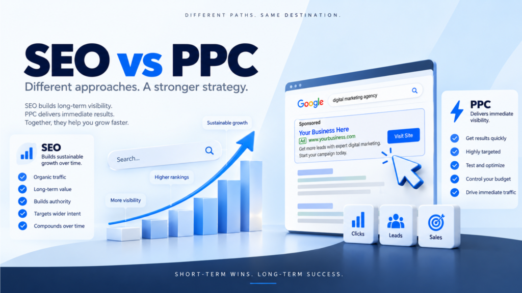 SEO vs PPC timeline comparing speed and long-term search growth